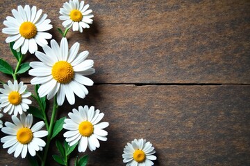 Fototapeta premium White paper cut daisies scattered on rustic wooden surface, whimsical, close-up