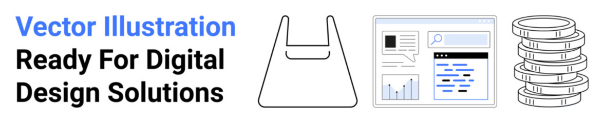 Shopping bag, dashboard interface with analytics, and stacked coins representing e-commerce, design, and economy. Ideal for tech, finance, e-commerce, analytics business marketing flat landing