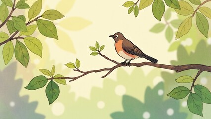 Cute Bird Perched on Branch Surrounded by Green Leaves and Light