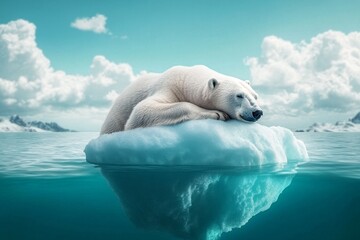 A polar bear resting on a small iceberg, floating peacefully in the open ocean