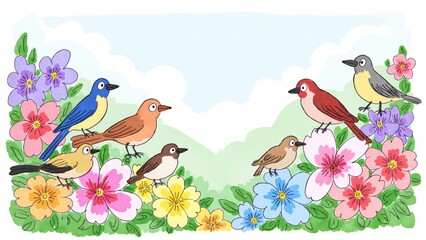 Obraz premium Colorful Birds in Floral Frame with Blue Sky and Green Hills