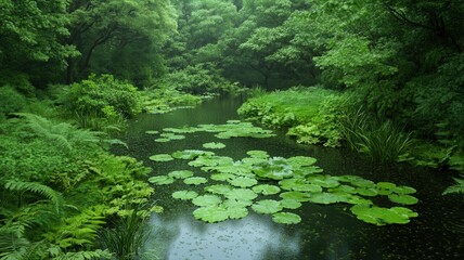 Serene Rainforest Pond with Lush Lily Pads