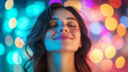 Radiant Woman Smiling with Eyes Closed, Expressing Joy and Happiness Amidst Vibrant Abstract Bokeh Lights