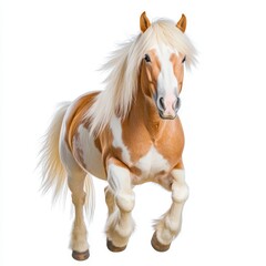 Obraz premium Haflinger Horse Portrait Running Palomino with Long White Mane and Tail Against White Background