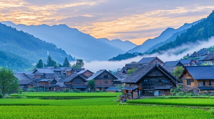 Fototapeta premium A misty village with wooden houses and lush rice fields stretching into the distance at sunrise. --chaos 20 --ar 16:9 --quality 2 --v 6.1 Job ID: 5e917666-fb70-4e0e-a931-2b9a28d4c5f4