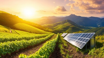 Solar panel installation in a field with battery storage system surrounded by additional solar panels