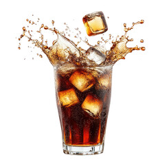 Cola splash with ice cube isolated on transparent background