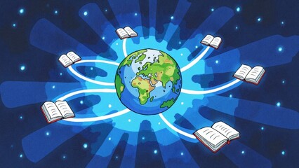 Fototapeta premium Global Knowledge Sharing Concept with Floating Books Around Earth