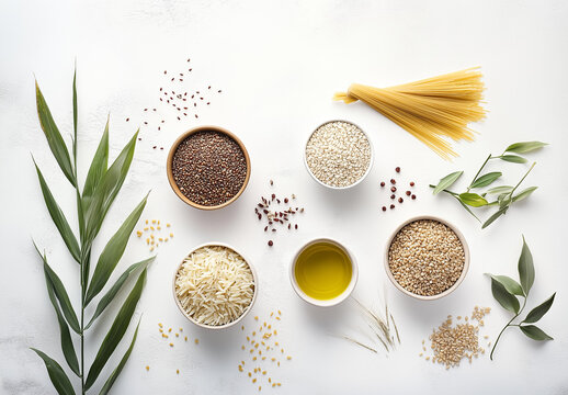 Assortment of grains and pasta with olive oil and leaves on white background