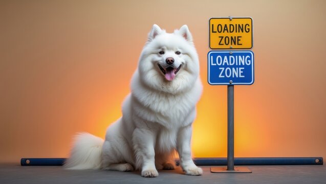 A fluffy Samoyed dog joyfully sitting beside two yellow loading zone signs in a studio with a warm orange backdrop