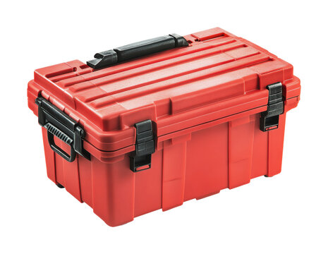 Red toolbox with secure latches ideal for organizing tools and equipment in garage or workshop environment, cut out