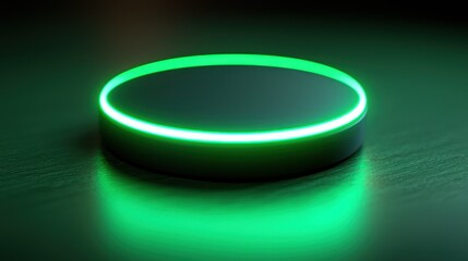 Circular glowing green tech device on dark wooden surface