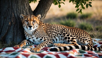 A majestic cheetah resting under a tree on a colorful blanket, showcasing its stunning coat and relaxed demeanor in a peaceful outdoor setting