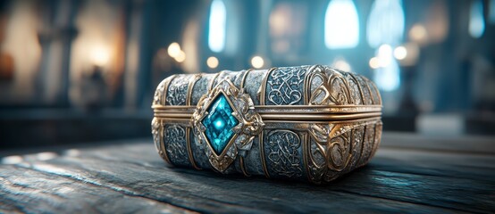 Intricate Ornate Jewel Box with Blue Gemstone on Dark Wooden Surface