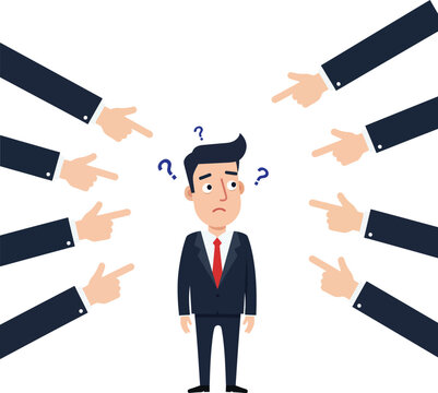 A confused businessman in a suit surrounded by pointing hands in a flat vector art style depicting blame and uncertainty in a corporate setting