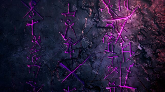 Dark cracked rock with glowing purple engravings, featuring mysterious runes and symbols, evoking a supernatural and magical fantasy atmosphere.
