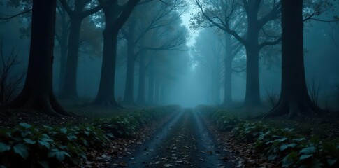 Fototapeta premium Dark, misty forest path, Halloween atmosphere, photography, leaves, spooky