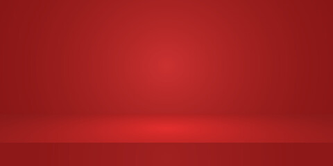 Obraz premium Red wall interior background, studio and product showing background.with shadow from window red background color for text insertion and product presentation