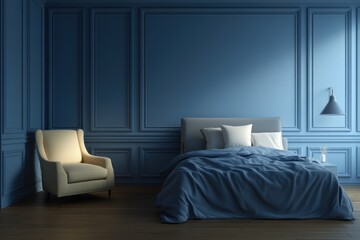 Fototapeta premium Elegant blue bedroom interior with armchair and bed.