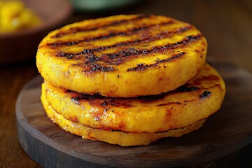 Grilled Yellow Corn Cakes on Wooden Board with Rustic Background
