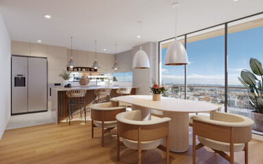 Comedor y cocina abierta en edificio con vista a la ciudad con acabados modernos y acogedores, 3d render