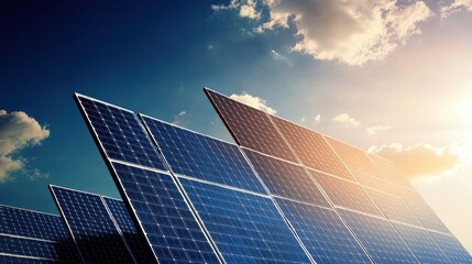 Solar panels installed on a rooftop reflecting bright blue sky and sunlight for renewable energy generation