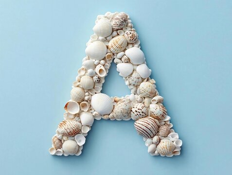 Seashell Letter A on Light Blue Background. Summer Decoration Concept for Design, Print, or Craft Projects