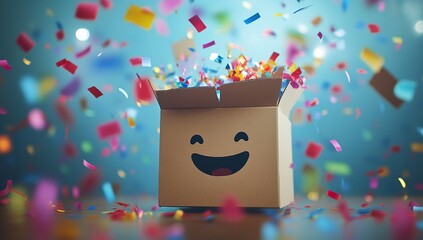 APRIL FOOL'S DAY，Festive scene with a smiling cardboard box amidst flying confetti, evoking a vibrant atmosphere of celebration. The background showcases a blue gradient adorned with colorful confetti