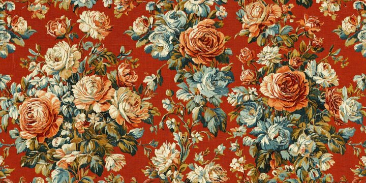 Vintage Floral Tapestry: A vibrant tapestry, interwoven with a profusion of roses in shades of peach, cream, and blue, creating a rich texture on a striking red backdrop.
