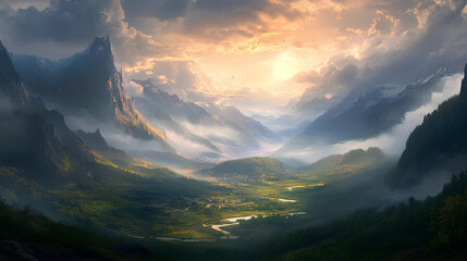 Sunrise over misty mountain range. sunset in the alps. sunrise in the mountains. sunset in the mountains. Sunrise Glow Across Cold Mountain Ridge. Serene Pastel Sunrise Over Misty Mountain Range