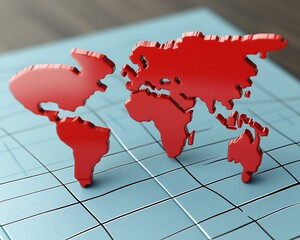 Red world map on blue grid board, business global concept