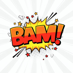 Comic book BAM text explosion bright colorful pop art style action word cartoon speech bubble retro design