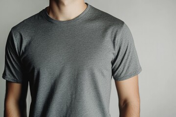 Detailed Visual  of Grey Tshirt on a Man Layout Isolated on a White Background Copy Space