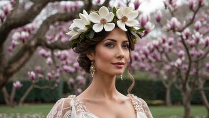 Obraz premium Portrait of a woman wearing a floral crown surrounded by blooming magnolia trees in soft light