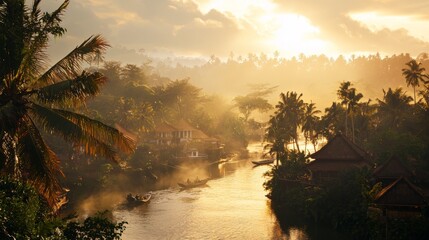 A tropical sunrise over a riverside village, traditional houses and rice terraces bathed in golden light. 