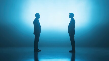Two Men Facing Each Other In A Blue Lit Room