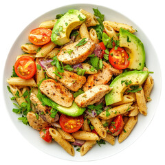 chicken pasta salad with avocado and tomato on a plate, isolated on white background
