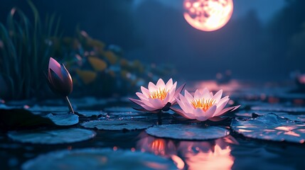 Serene evening scene with glowing lotus flowers on calm waters under a full moon.