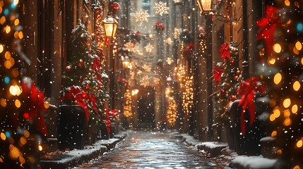 Naklejka premium Festive snowfall celebration in charming cobblestone alley winter wonderland photography enchanted evening atmosphere