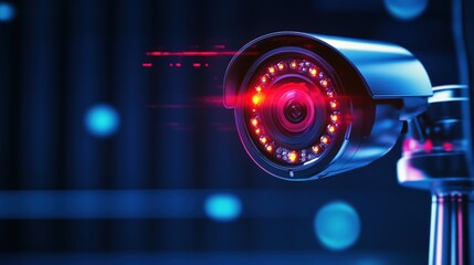 Close-up view of a modern security camera with red indicator lights for home surveillance systems