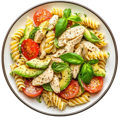 chicken pasta salad with avocado and tomato on a plate, isolated on white background