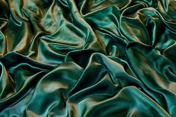 Fototapeta premium Emerald Silk: A close-up image showcases the sumptuous folds and luminous sheen of a draped emerald silk fabric, a study in elegance and luxury.