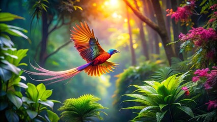 A vibrant avian creature with iridescent plumage soars through a lush, sun-drenched jungle, its long tail feathers trailing behind in a breathtaking display of natural beauty.