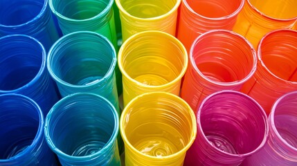 Aerial view of assorted disposable cups in rainbow colors, neatly placed with an isolated background. 