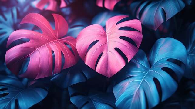 Neon pink and mint tropical leaves create a background texture with a futuristic, surreal, solarized vaporwave plants pattern.