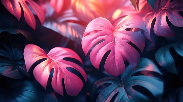 Neon pink and mint tropical leaves create a background texture with a futuristic, surreal, solarized vaporwave plants pattern.