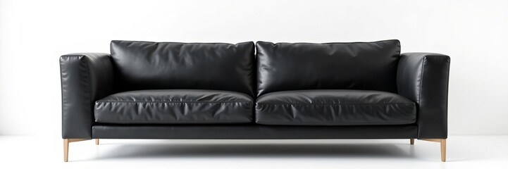 Minimalistic black leather couch on white backdrop, sleek, couch