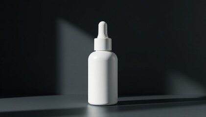 Minimalistic white dropper bottle on sleek black background for skincare products, blank, luxury