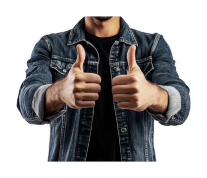 Positive expression of approval with two thumbs up gesture by a man in denim jacket, cut out