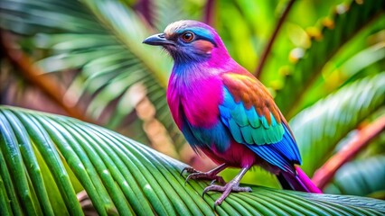 Vibrant feathered creature perched on lush green foliage, showcasing iridescent plumage in a spectrum of pink, blue, and teal, a captivating display of tropical avian beauty